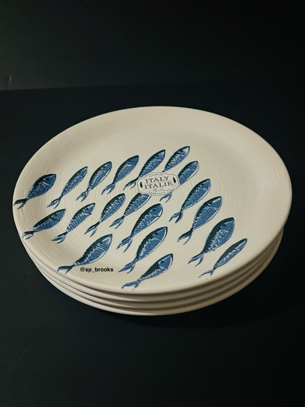 🎁4PC Ceramiche Italia Ceramic Dinner Plates - 12” Swirl with Fish School Pattern